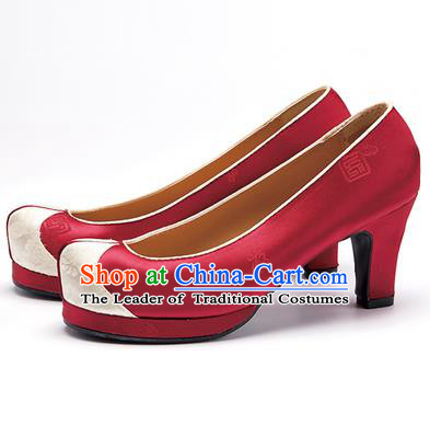 Traditional Korean National Wedding Shoes Wine Red Embroidered Shoes, Asian Korean Hanbok High-heeled Court Shoes for Women