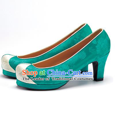 Traditional Korean National Wedding Shoes Deep Green Embroidered Shoes, Asian Korean Hanbok High-heeled Court Shoes for Women