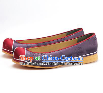 Traditional Korean National Wedding Shoes Purple Embroidered Shoes, Asian Korean Hanbok Flat Shoes for Women