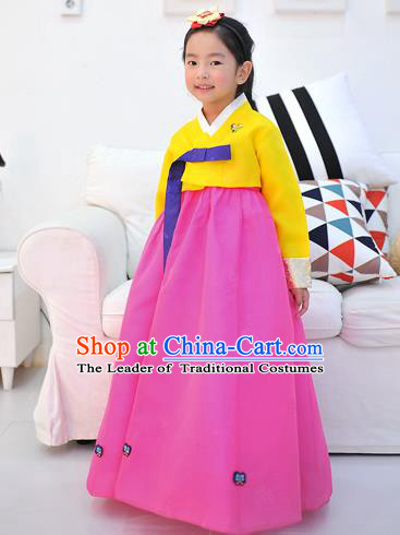 Asian Korean National Handmade Formal Occasions Wedding Embroidered Yellow Blouse and Pink Dress Traditional Palace Hanbok Costume for Kids