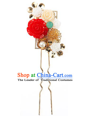 Korean National Wedding Hair Accessories Bride Red Flower Hairpins, Korean Hanbok Fashion Palace Hair Clasp for Women