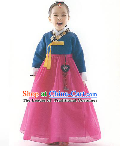 Asian Korean National Handmade Formal Occasions Deep Blue Blouse and Pink Dress Palace Hanbok Costume for Kids