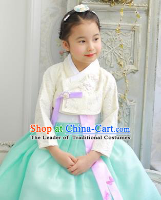 Asian Korean National Handmade Formal Occasions Wedding Bride Clothing Embroidered White Blouse and Green Dress Palace Hanbok Costume for Kids