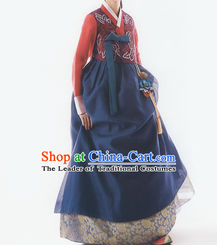 Korean National Handmade Formal Occasions Wedding Bride Clothing Embroidered Red Blouse and Blue Dress Palace Hanbok Costume for Women