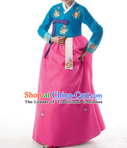 Korean National Handmade Formal Occasions Wedding Bride Clothing Embroidered Blue Blouse and Pink Dress Palace Hanbok Costume for Women