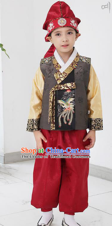 Asian Korean National Traditional Handmade Formal Occasions Boys Embroidery Grey Vest Hanbok Costume Complete Set for Kids