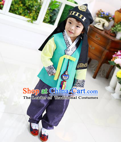 Asian Korean National Traditional Handmade Formal Occasions Boys Embroidery Green Vest Hanbok Costume Complete Set for Kids
