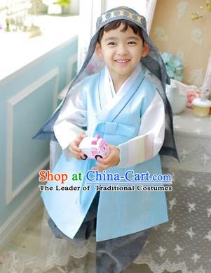 Asian Korean National Traditional Handmade Formal Occasions Boys Embroidery Blue Vest Hanbok Costume Complete Set for Kids
