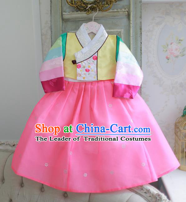 Korean National Handmade Formal Occasions Girls Hanbok Costume Embroidered Yellow Blouse and Pink Dress for Kids