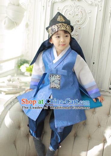 Asian Korean National Traditional Handmade Formal Occasions Boys Embroidery Blue Vest Prince Hanbok Costume Complete Set for Kids