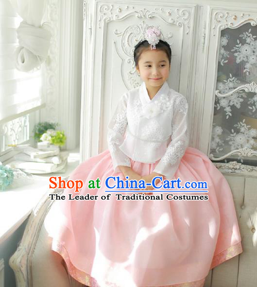 Asian Korean National Handmade Formal Occasions Wedding Girls Clothing Embroidered White Blouse and Pink Dress Palace Hanbok Costume for Kids