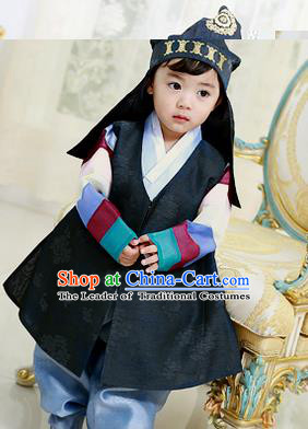 Asian Korean National Traditional Handmade Formal Occasions Boys Embroidery Black Vest Hanbok Costume Complete Set for Kids