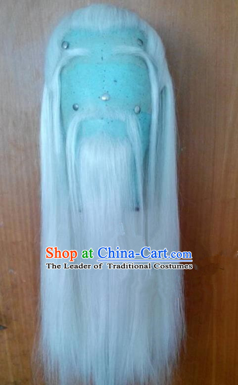Chinese Ancient Opera Old Men Wig Beard Eyebrows Complete Set, Traditional Chinese Beijing Opera Taoist Priest White Wig Sheath for Men