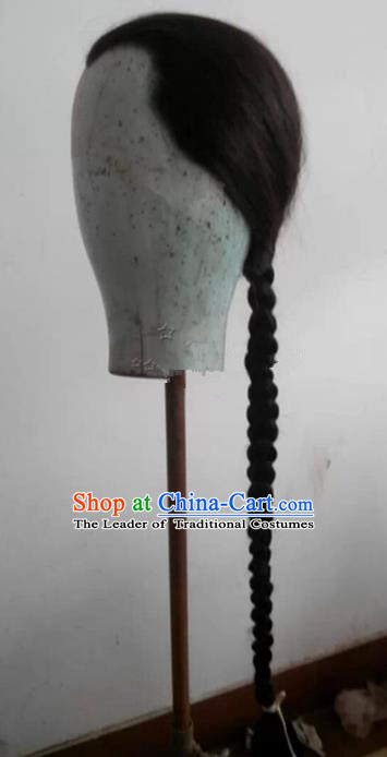 Chinese Ancient Opera Swordsman Qing Dynasty Prince Long Wig, Traditional Chinese Beijing Opera Young Men Wig Sheath