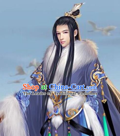 Chinese Ancient Opera Swordsman Young Men Black Wig, Traditional Chinese Beijing Opera Prince Wig Sheath for Men
