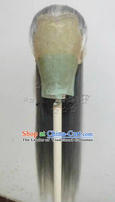 Chinese Ancient Opera Swordsman Old Men Grey Wig, Traditional Chinese Tang Dynasty Kawaler Wig Sheath for Men