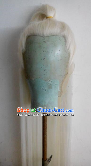 Chinese Ancient Opera Swordsman White Long Wig, Traditional Chinese Beijing Opera Taoist Priest Wig Sheath for Men