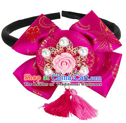 Korean National Hair Accessories Rosy Bowknot Hair Clasp Headband, Asian Korean Hanbok Fashion Bride Headwear for Kids