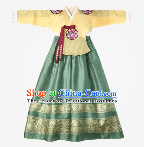 Asian Korean National Handmade Wedding Clothing Palace Bride Hanbok Costume Embroidered Yellow Blouse and Green Dress for Women