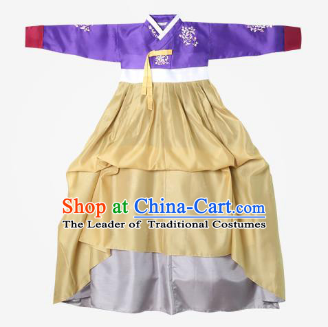 Top Grade Korean National Handmade Wedding Clothing Palace Bride Hanbok Costume Embroidered Purple Blouse and Yellow Dress for Women