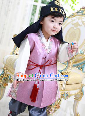 Asian Korean National Traditional Handmade Formal Occasions Boys Embroidery Pink Vest Hanbok Costume Complete Set for Kids