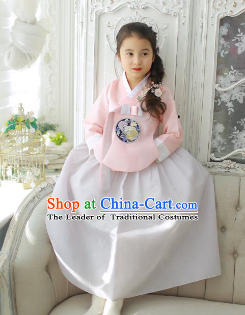 Korean National Handmade Formal Occasions Girls Clothing Palace Hanbok Costume Embroidered Pink Blouse and Grey Dress for Kids