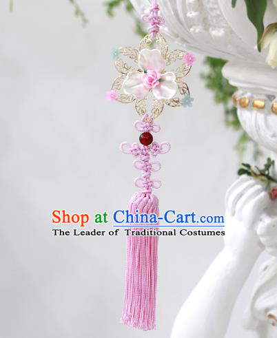 Asian Korean Hanbok Pink Rose Tassel Waist Decorations, Korean National Belts Accessories Wedding Bride Waist Pendant for Women