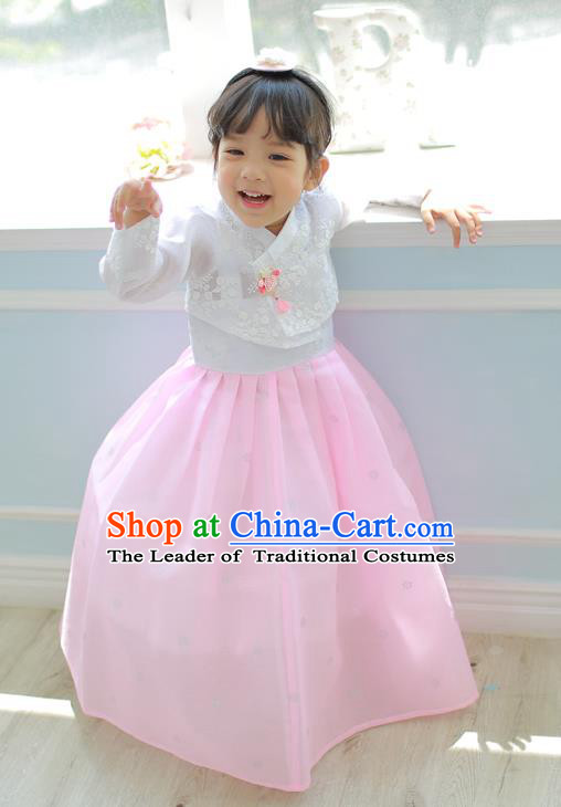 Korean National Handmade Formal Occasions Girls Clothing Palace Hanbok Costume Embroidered White Lace Blouse and Pink Dress for Kids