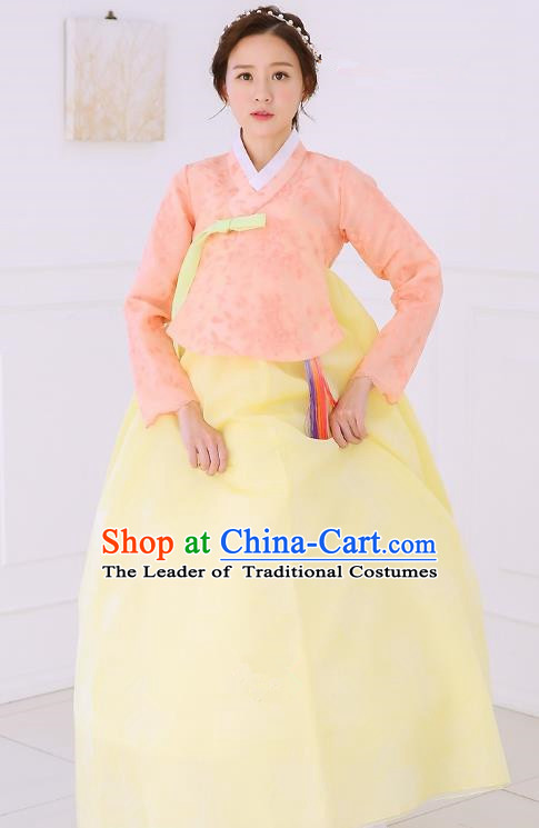 Top Grade Korean National Handmade Wedding Clothing Palace Bride Hanbok Costume Embroidered Orange Blouse and Yellow Dress for Women