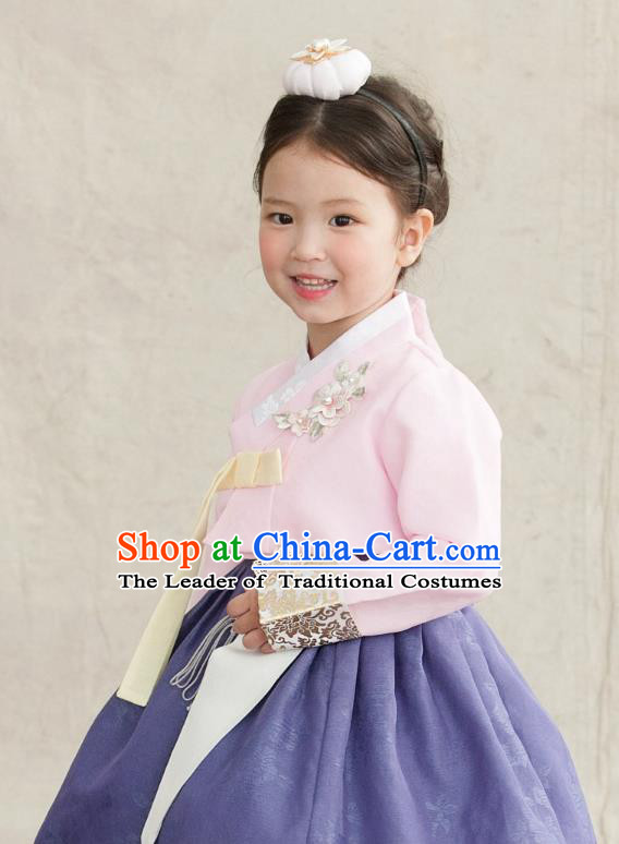 Korean National Handmade Formal Occasions Girls Clothing Palace Hanbok Costume Embroidered Pink Blouse and Purple Dress for Kids