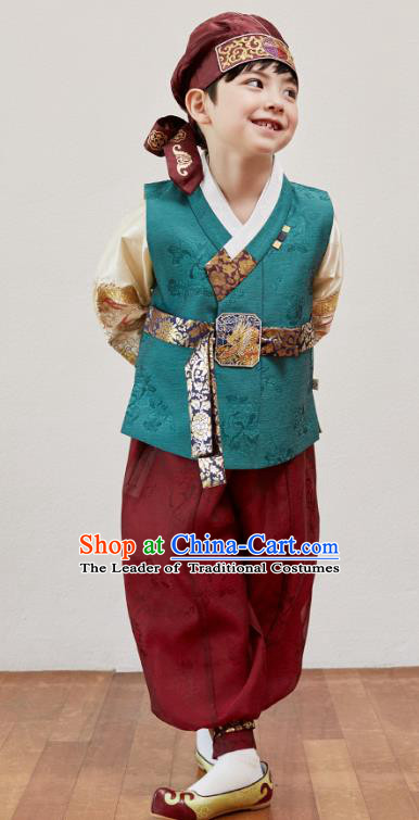 Asian Korean National Traditional Handmade Formal Occasions Boys Embroidery Green Vest Hanbok Costume Complete Set for Kids