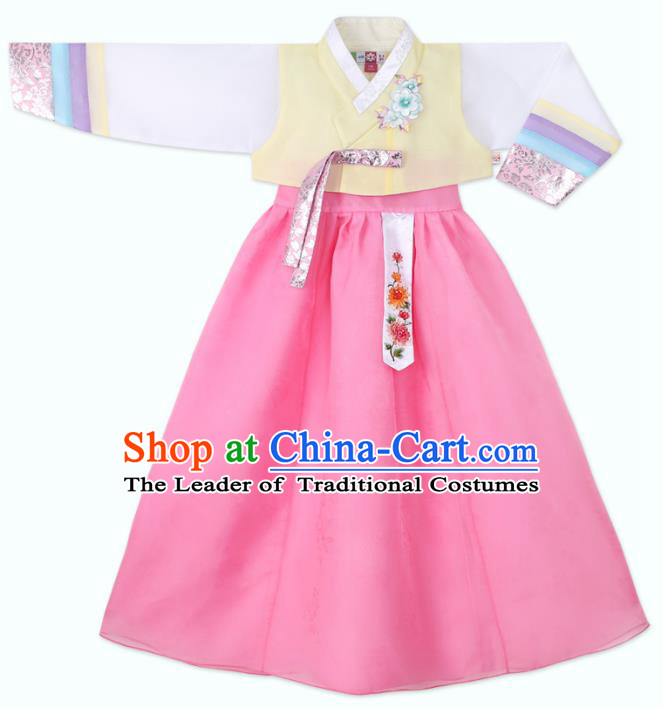 Traditional Korean National Handmade Formal Occasions Girls Clothing Palace Hanbok Costume Embroidered Yellow Blouse and Pink Dress for Kids