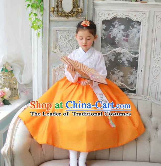 Traditional Korean National Handmade Formal Occasions Girls Clothing Palace Hanbok Costume Embroidered White Blouse and Yellow Dress for Kids