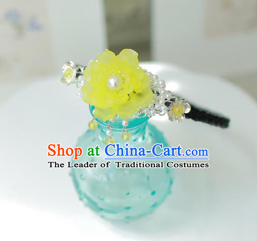 Korean National Bride Hair Accessories Yellow Flower Hair Clasp, Asian Korean Hanbok Palace Headband Headwear for Kids