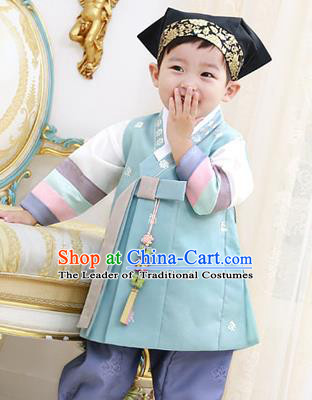 Traditional Asian Korean National Handmade Formal Occasions Boys Embroidery Green Vest Hanbok Costume Complete Set for Kids