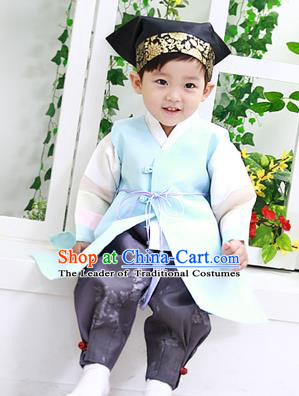 Asian Korean National Traditional Handmade Formal Occasions Boys Embroidery Clothing Blue Vest Hanbok Costume Complete Set for Kids