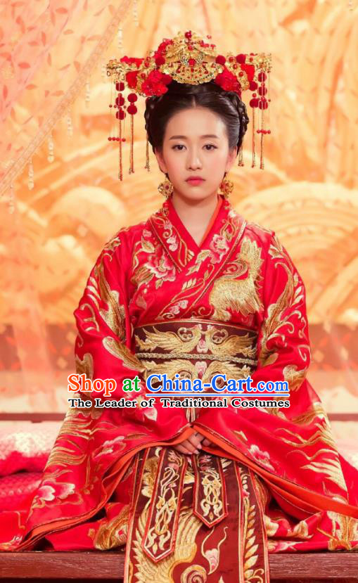 Traditional Chinese Southern and Northern Dynasties Palace Princess Wedding Costume, Chinese Ancient Bride Embroidered Red Clothing for Women