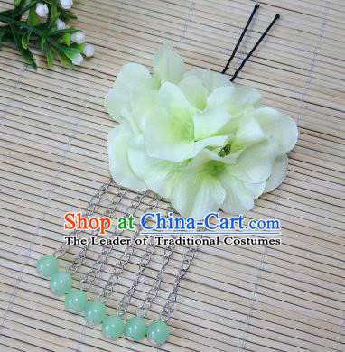 Traditional Chinese Ancient Classical Hair Accessories Green Flowers Beads Tassel Step Shake Bride Hairpins for Women