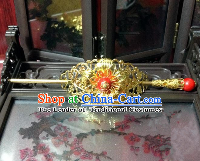 Traditional Handmade Chinese Classical Hair Accessories, Ancient Royal Highness Golden Tuinga Hairdo Crown for Men
