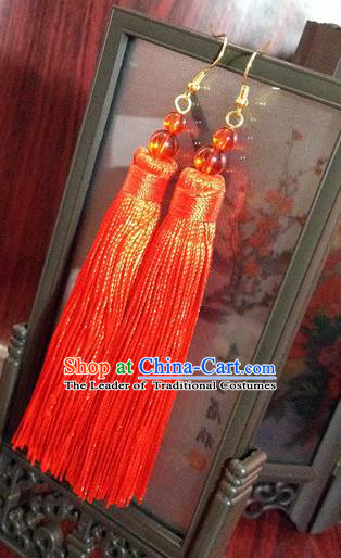 Traditional Handmade Chinese Ancient Classical Accessories Bride Wedding Xiuhe Suit Red Tassel Earrings for Women