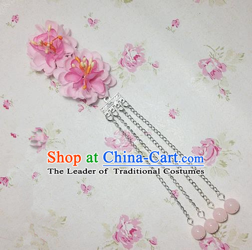 Traditional Chinese Ancient Classical Hair Accessories Hanfu Pink Flowers Tassel Step Shake Bride Hairpins for Women