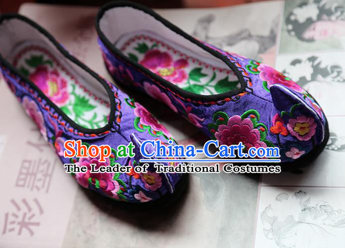 Asian Chinese Traditional Shoes Bride Purple Embroidered Shoes, China Peking Opera Handmade Embroidery Peony Shoe Hanfu Princess Shoes for Women