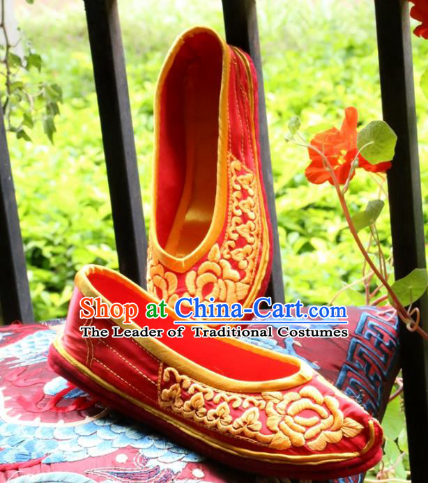 Asian Chinese Traditional Shoes Bride Red Xiuhe Suit Embroidered Shoes, China Peking Opera Handmade Embroidery Shoe Hanfu Princess Shoes for Women