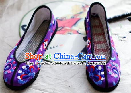 Asian Chinese Traditional Shoes Bride Xiuhe Suit Purple Embroidered Shoes, China Peking Opera Handmade Embroidery Shoe Hanfu Princess Shoes for Women