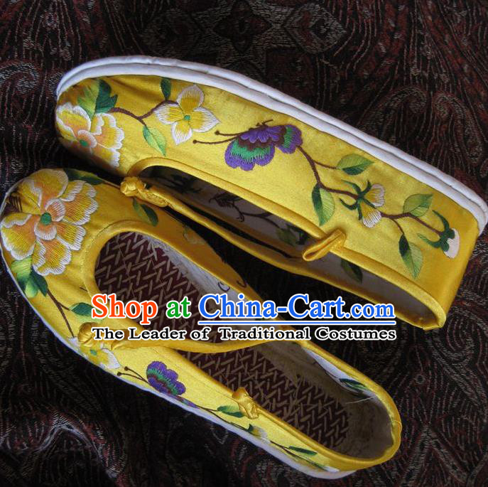 Asian Chinese Traditional Shoes Yellow Embroidered Shoes, China Peking Opera Handmade Strong Cloth Soles Embroidery Butterfly Shoe Hanfu Princess Shoes for Women