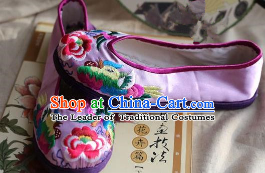 Asian Chinese Traditional Shoes Lilac Embroidered Shoes, China Peking Opera Handmade Embroidery Mandarin Duck Shoe Hanfu Princess Shoes for Women