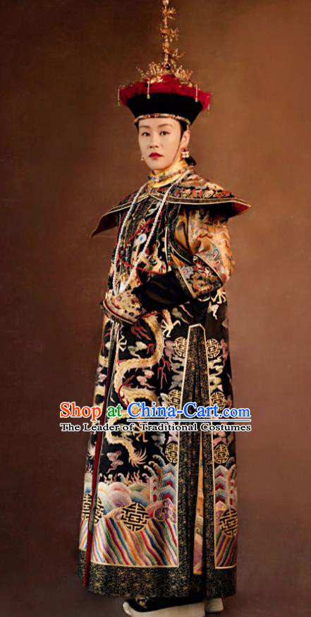 Traditional Ancient Chinese Qing Dynasty Manchu Imperial Empress Mandarin Embroidered Costume and Handmade Headpiece Complete Set for Women