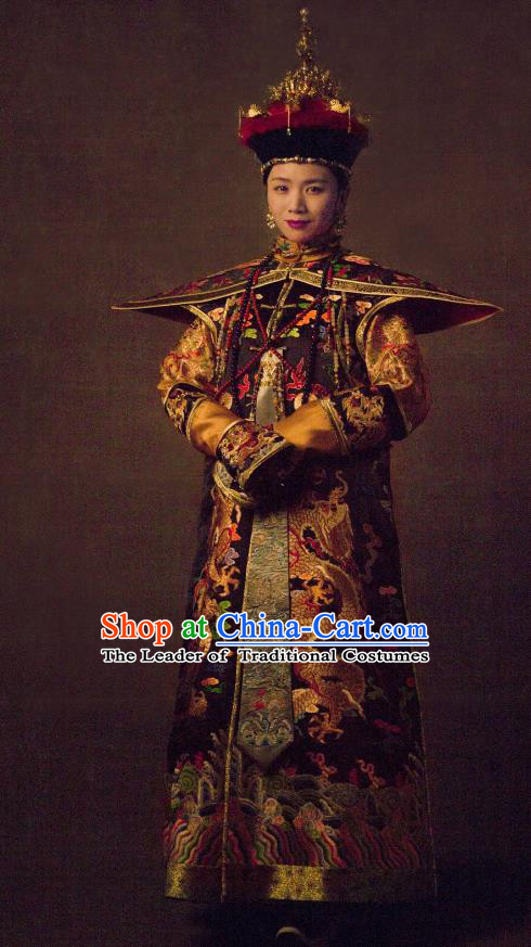 Traditional Ancient Chinese Qing Dynasty Palace Lady Manchu Imperial Concubine Embroidered Dragons Costume and Handmade Headpiece Complete Set
