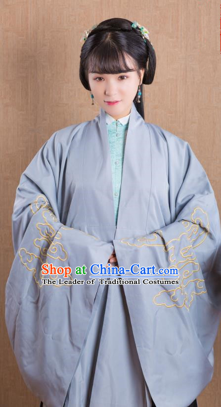 Asian China Ming Dynasty Princess Costume Wide Sleeve Cardigan, Traditional Ancient Chinese Palace Lady Embroidered Hanfu Blue Cape Clothing for Women