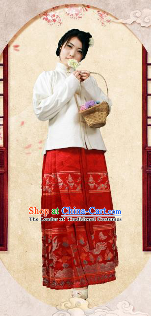 Asian China Ming Dynasty Princess Costume, Traditional Ancient Chinese Palace Lady Embroidered Hanfu White Brocade Blouse Clothing for Women